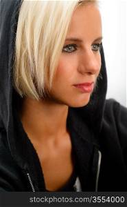 Sport blond woman wear black hoodie fitness outfit kick-boxer