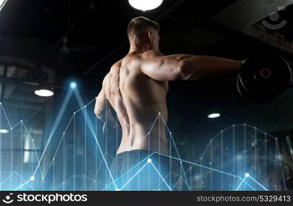 sport, bodybuilding, fitness and people concept - close up of young man with dumbbells flexing muscles in gym over diagram chart hologram. close up of man with dumbbells exercising in gym