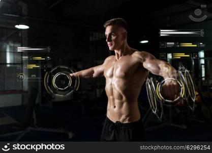 sport, bodybuilding, fitness and people concept - close up of young man with dumbbells flexing muscles in gym. close up of man with dumbbells exercising in gym