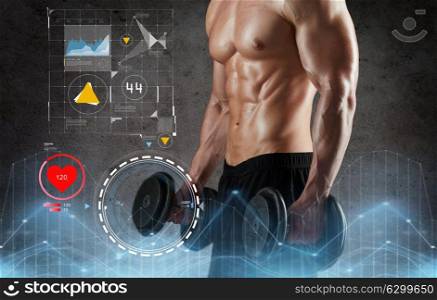 sport, bodybuilding, fitness and people concept - close up of young man with dumbbells flexing muscles over concrete background and diagram charts. close up of man with dumbbells exercising