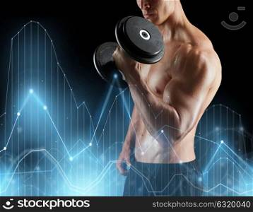sport, bodybuilding, fitness and people concept - close up of young man with dumbbells flexing muscles over black background and diagram charts. close up of man with dumbbells exercising