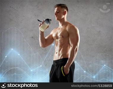sport, bodybuilding, fitness and people concept - young man or bodybuilder with protein shake bottle and bare torso over gray background with diagram chart hologram. young man or bodybuilder with protein shake bottle