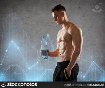 sport, bodybuilding, fitness and people concept - young man or bodybuilder with bottle of water and bare torso over gray background with diagram chart hologram. young man or bodybuilder with bottle of water
