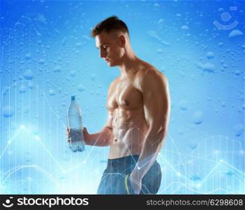 sport, bodybuilding, fitness and people concept - young man or bodybuilder with bottle of water and bare torso over wet blue background and diagram charts. young man or bodybuilder with bottle of water