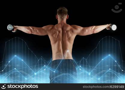 sport, bodybuilding, fitness and people concept - young man with dumbbells flexing muscles over black background and diagram charts from back. man with dumbbells exercising