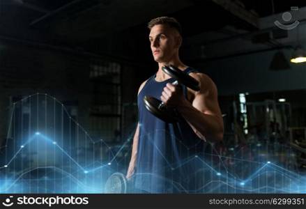 sport, bodybuilding, fitness and people concept - young man with dumbbells flexing muscles in gym. young man with dumbbells exercising in gym