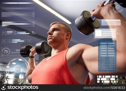 sport, bodybuilding, weightlifting, exercising and people concept - young man with dumbbells flexing muscles in gym over virtual charts. young man with dumbbells flexing muscles in gym