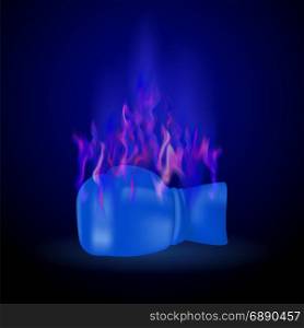 Sport Burning Blue Glove with Fire Flame Isolated on Dark Background. Sport Burning Blue Glove with Fire Flame