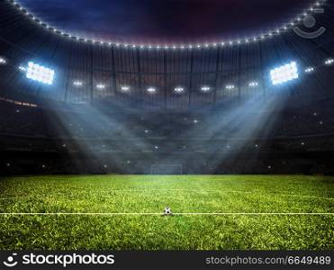 Sport concept background - soccer footbal stadium with floodlights. Grass football pitch with mark up and soccer goal with net. Soccer football stadium with floodlights
