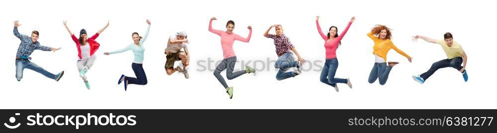 sport, dancing and people concept - group of people or teenagers jumping. group of people or teenagers jumping