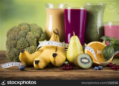 Sport diet,Cocktails , fitness, wooden background . Protein shakes, sport and fitness