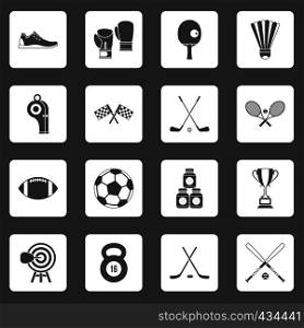 Sport equipment icons set in white squares on black background simple style vector illustration. Sport equipment icons set squares vector