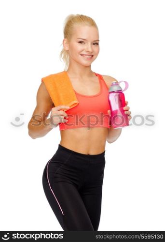 sport, excercise and healthcare - sporty woman with orange towel and water bottle