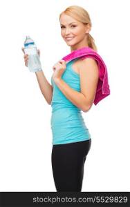 sport, excercise and healthcare - sporty woman with pink towel and water bottle