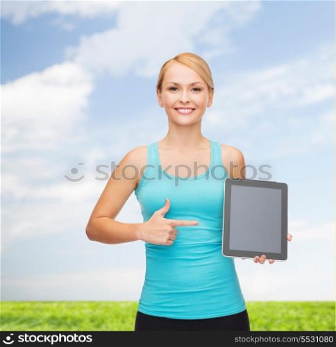 sport, excercise, technology, internet and healthcare - sporty woman with tablet pc blank screen