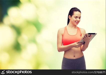 sport, excercise, technology, internet and healthcare - sporty woman with tablet pc computer