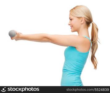 sport, excercising and healthcare concept - young sporty woman with light dumbbells