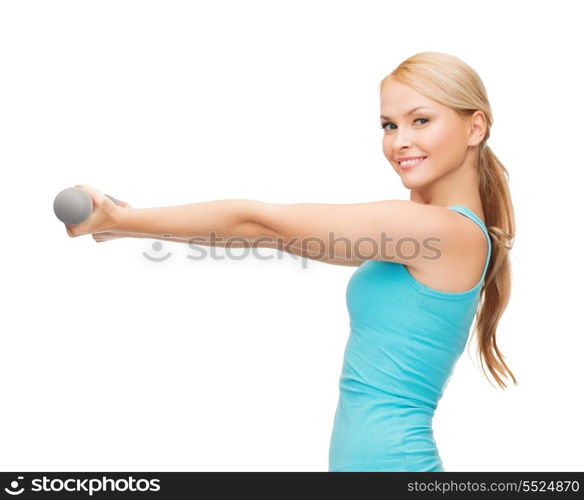 sport, excercising and healthcare concept - young sporty woman with light dumbbells