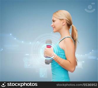 sport, excercising and healthcare concept - young sporty woman with light dumbbells