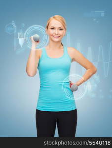 sport, excercising and healthcare concept - young sporty woman with light dumbbells