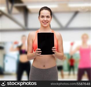 sport, exercise, technology, internet and healthcare - sporty woman with tablet pc blank screen