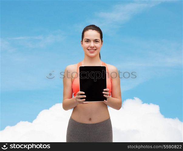 sport, exercise, technology, internet and healthcare - sporty woman with tablet pc blank screen