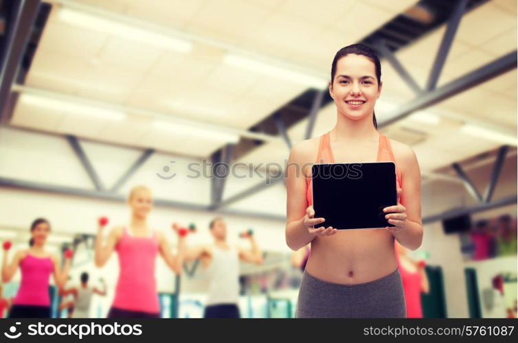 sport, exercise, technology, internet and healthcare - sporty woman with tablet pc blank screen