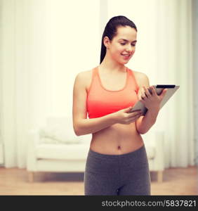 sport, exercise, technology, internet and healthcare - sporty woman with tablet pc computer