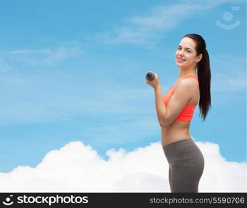 sport, exercising and healthcare concept - young sporty woman with light dumbbells