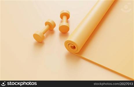 Sport fitness accessories set with yoga mat and dumbbell on pastel yellow background. Fitness and sport object concept. Monocolor. 3D illustration rendering