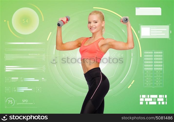 sport, fitness and people concept - happy smiling young sporty woman exercising with light dumbbells over green background. happy young sporty woman exercising with dumbbells