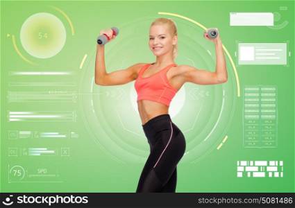 sport, fitness and people concept - happy smiling young sporty woman exercising with light dumbbells over green background. happy young sporty woman exercising with dumbbells