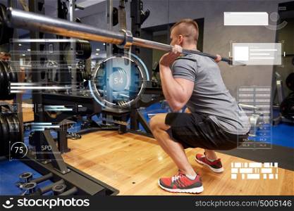 sport, fitness, bodybuilding, exercising and people concept - young man with bar of barbell flexing muscles in gym over virtual charts. young man flexing muscles with bar in gym