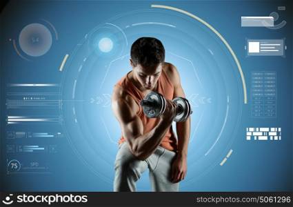 sport, fitness, bodybuilding, technology and people concept - young man with dumbbell flexing muscles over blue background. young man exercising with dumbbell