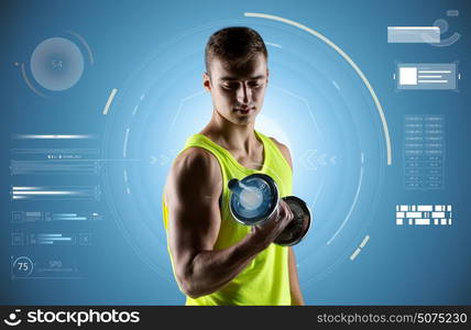 sport, fitness, bodybuilding, technology and people concept - young man with dumbbell flexing muscles over blue background. young man exercising with dumbbell