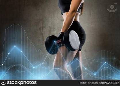 sport, fitness, bodybuilding, weightlifting and people concept - close up of woman with dumbbell in gym. woman with dumbbell in gym