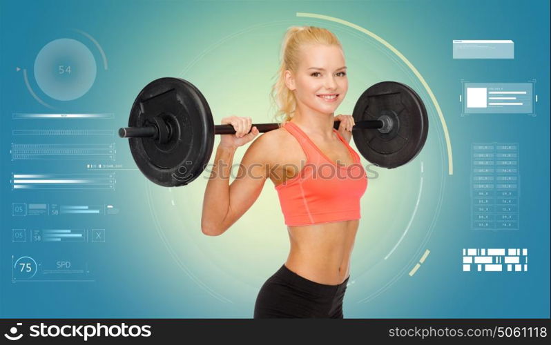 sport, fitness, bodybuilding, weightlifting and people concept - smiling young woman with barbell flexing muscles over blue background. sporty young woman flexing muscles with barbell