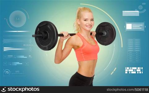 sport, fitness, bodybuilding, weightlifting and people concept - smiling young woman with barbell flexing muscles over blue background. sporty young woman flexing muscles with barbell