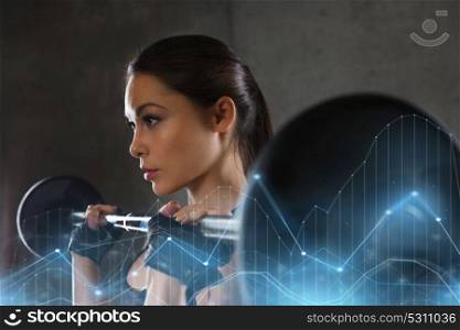 sport, fitness, bodybuilding, weightlifting and people concept - young woman with barbell flexing muscles in gym. young woman flexing muscles with barbell in gym