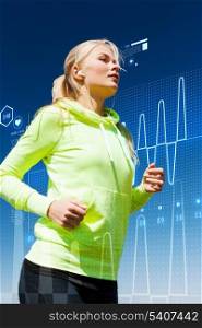 sport, fitness, exercise and lifestyle concept - woman doing running with earphones outdoors