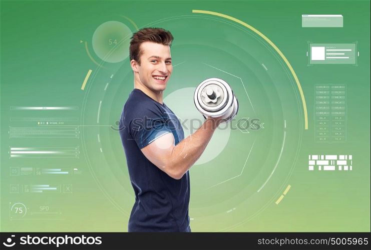 sport, fitness, exercising, bodybuilding and people concept - happy smiling sportive young man with dumbbell flexing muscles. happy sportive young man with dumbbell