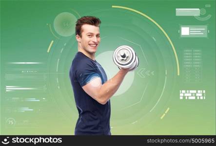 sport, fitness, exercising, bodybuilding and people concept - happy smiling sportive young man with dumbbell flexing muscles. happy sportive young man with dumbbell