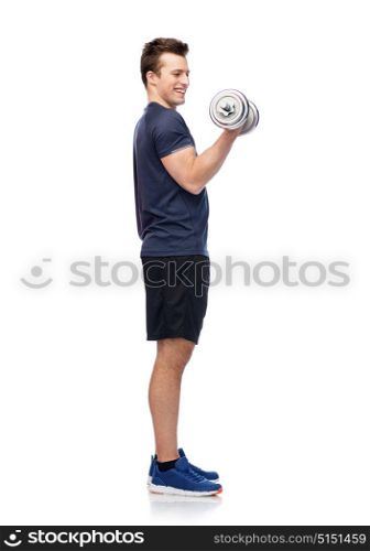 sport, fitness, exercising, healthy lifestyle and people concept - happy sportive man with dumbbell flexing muscles. sportive man flexing muscles with dumbbell
