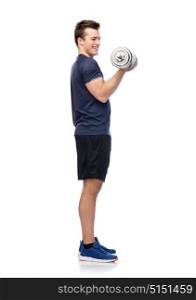 sport, fitness, exercising, healthy lifestyle and people concept - happy sportive man with dumbbell flexing muscles. sportive man flexing muscles with dumbbell