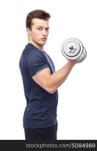 sport, fitness, exercising, healthy lifestyle and people concept - sportive young man with dumbbell flexing muscles. sportive young man with dumbbell. sportive young man with dumbbell