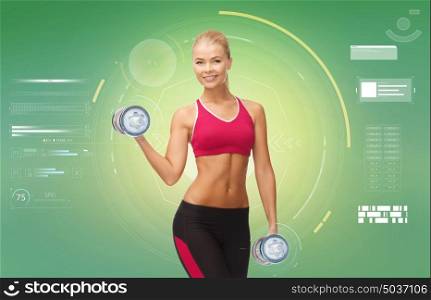 sport, fitness, exercising, technology and people concept - happy young sporty woman with dumbbells flexing biceps over green background. happy sporty woman with dumbbells flexing biceps