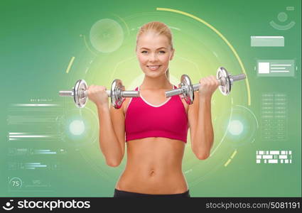 sport, fitness, exercising, technology and people concept - happy young sporty woman with dumbbells flexing biceps over green background. happy sporty woman with dumbbells flexing biceps