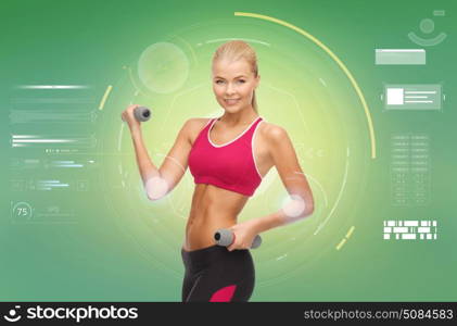 sport, fitness, exercising, technology and people concept - happy young sporty woman with dumbbells flexing biceps over green background. happy sporty woman with dumbbells flexing biceps. happy sporty woman with dumbbells flexing biceps