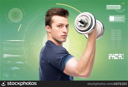 sport, fitness, exercising, technology and people concept - sportive young man with dumbbell flexing muscles over green background. sportive young man with dumbbell