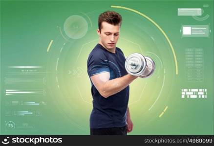 sport, fitness, exercising, technology and people concept - sportive young man with dumbbell flexing muscles over green background. sportive young man with dumbbell